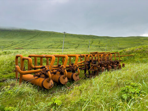 Fuel depot infrastructure remains at Sand Bay Naval Station on Great Sitkin Island in Alaska from World War II