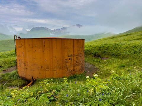 Fuel depot at Great Sitkin Island showing a storage tank used during World War II