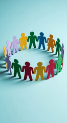Fototapeta premium Colorful human figure in circle on blue background, depicting unity, connection, and collaboration, suitable for themes of teamwork and society