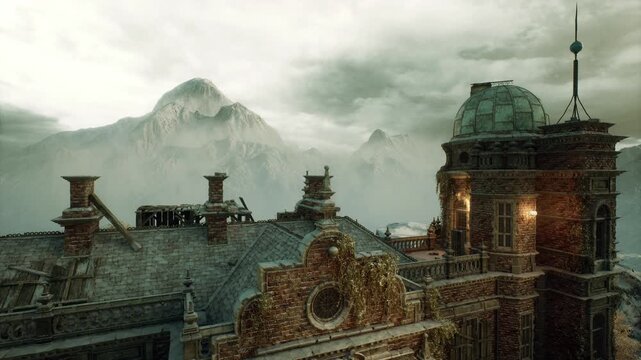 Detailed rooftop ornament by distant mountain, carved relief and brass finial, weathered stone, soft misty light, elegant historic craftsmanship captured close