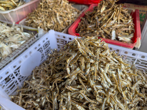 Dried fish is sold at the market in Waingapu, the largest town in eastern Sumba Island, Indonesia, showcasing local products and trade
