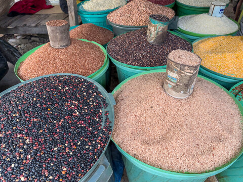 Market display of various grains and legumes for sale in Waingapu, East Sumba Regency, Indonesia