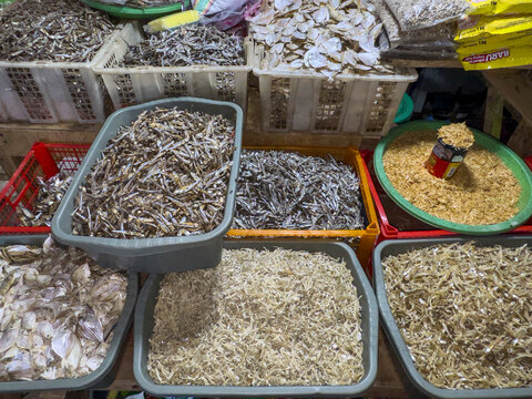 Dried fish displayed in market stalls for sale in Waingapu, East Sumba, Indonesia