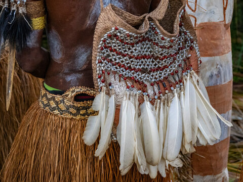 Detail of a satchel used in a greeting ceremony in Per village in Asmat Region, Papua, Indonesia