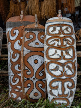 Shield detail from greeting ceremony in village of Per, Asmat Region, Papua, Indonesia