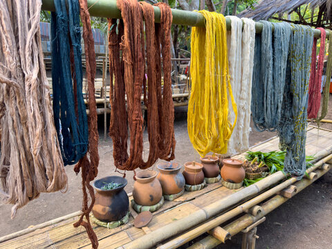 Dyed threads for textiles displayed in Liangawo village on Flores Island in Indonesia