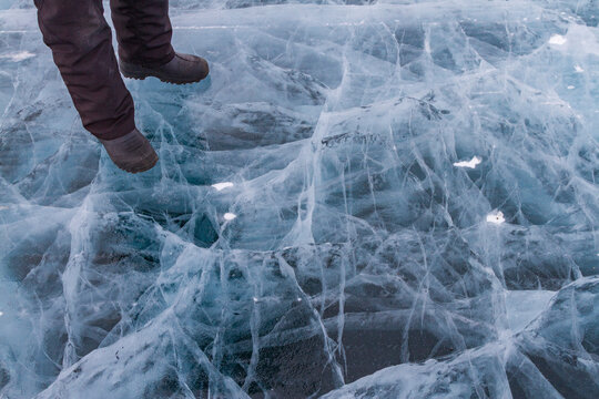 Exploring the ice surface on the Great Slave Lake in Northwest Territories Canada during winter times