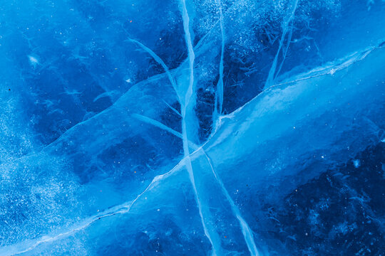 Ice formations reveal cracks on the surface of the frozen Great Slave Lake in Northwest Territories, Canada during winter