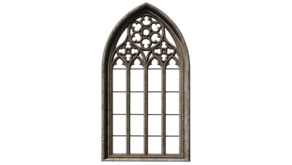 Fototapeta na wymiar Ornate gothic arched window frame with trefoil detailing, beautifully rendered isolated on transparent background for architectural designs
