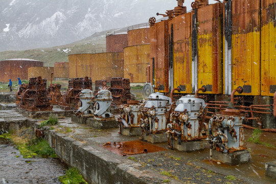 Exploring the remnants of the abandoned Norwegian whaling station in Grytviken on South Georgia Island