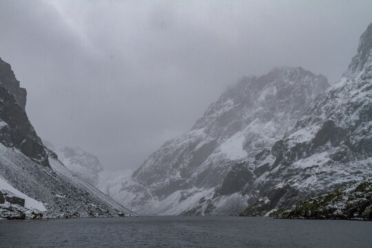 Views of snowstorm at Larsen Harbour in Drygalski Fjord south of Atlantic Ocean near South Georgia Island