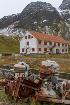 Old whaling station buildings and machinery in Grytviken on South Georgia Island