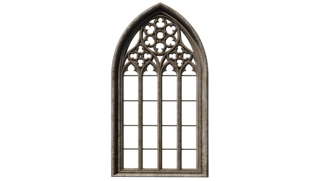 Ornate gothic arched window frame with trefoil detailing, beautifully rendered isolated on transparent background for architectural designs