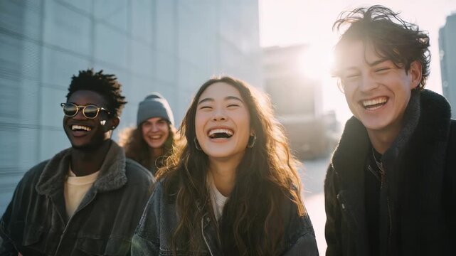 Happy multicultural friends share laughter and joy outside in a city setting, bathed in warm sunlight. Their genuine smiles and casual style reflect youth, friendship, and positivity