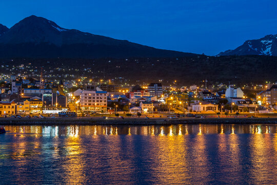 Night lights shine over Ushuaia, capital of Tierra del Fuego in Argentina's southern region