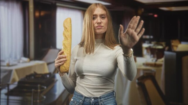 Woman young redhead holding baguette with palm out stop gesture in restaurant building, wearing jeans and sweater, looking firm; defiance.