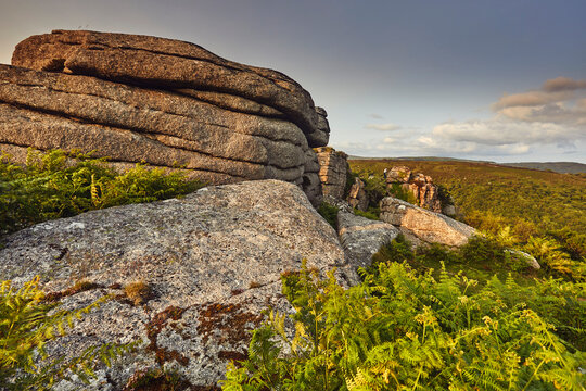 Granite rock outcrop on the summit of Bench Tor shines in evening sunlight near Holne in Dartmoor National Park