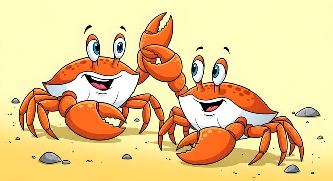 Cartoon crabs, smiling crustaceans, beach creatures, orange animals