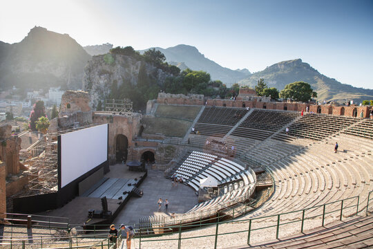 Empty white banner displayed in the ancient theatre of Taormina in Sicily