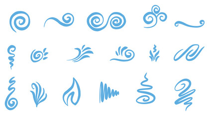 Naklejka premium Collection of Blue Swirl Design Elements, Abstract Curly Flourishes, Watercolor Strokes and Decorative Vector Illustration on White Background, Transparent