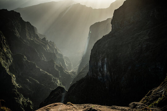 Mountain landscape views in Madeira Portugal during early morning light with distant peaks and deep valleys