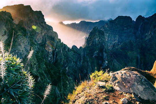 High mountain scenery with views of peaks and valleys in the Madeira landscape during the afternoon light