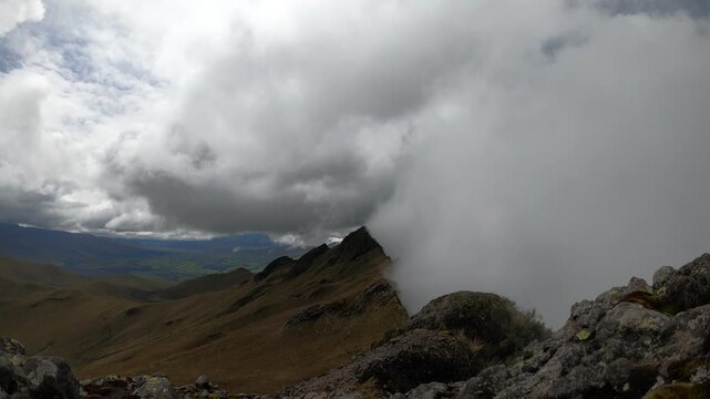Dramatic time-lapse of clouds flowing over Pasochoa Paramo mountain ridge, Ecuador.