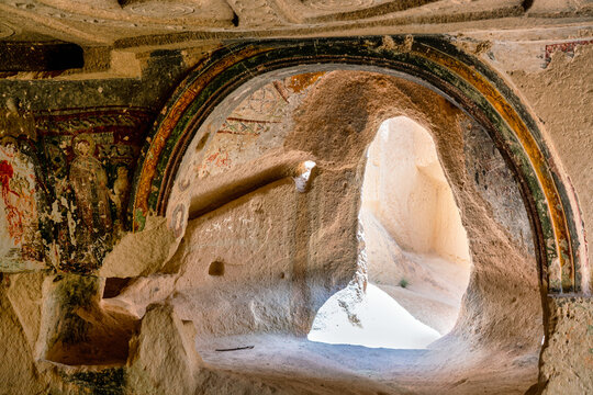 Cave church interior with rock formations and unique carvings in Cappadocia region located in Turkey
