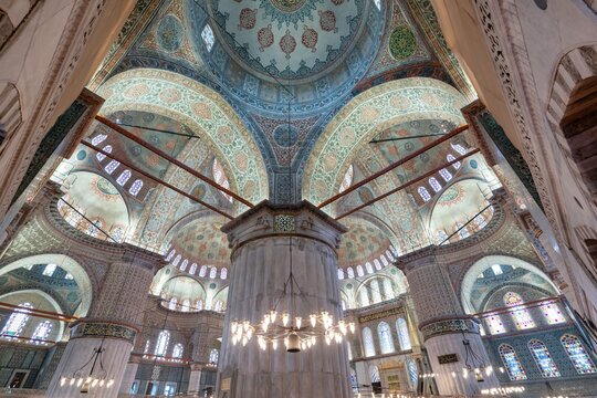 Interior of Blue Mosque in Istanbul shows ornate design and architectural details in stunning view