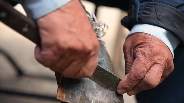 HD 1080p video at 60 fps of an artisan scraping horn to make crafts.
