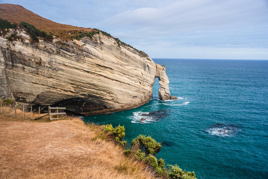 Sedimentary rock formations rise over clear waters at a coastal location in New Zealand near Cape Farewell