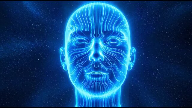 Glowing blue human faces with neon lines and stars in dark space futuristic digital illustration