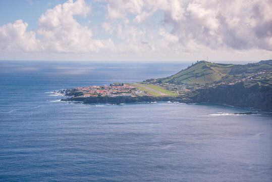 View of Santa Cruz das Flores on Flores Island overlooking the Atlantic Ocean in Portugal at a sunny day