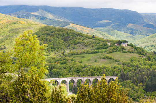 View of Vis River valley and Aigoual mountains from Causse de Campestre in Southern Cevennes region of France