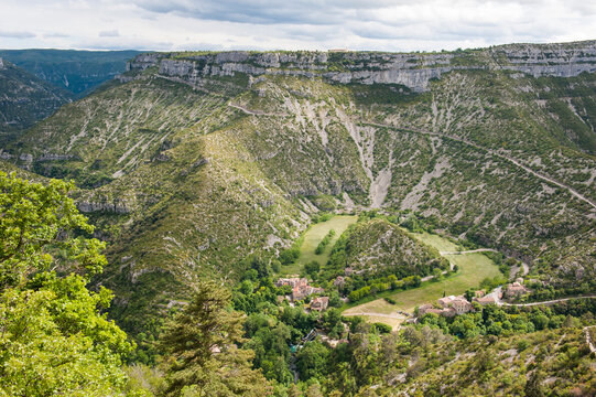 View of Cirque de Navacelles showing valley and surrounding cliffs in southern France