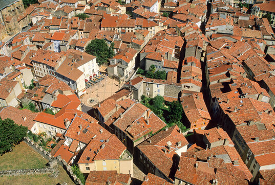 Overview of tiled rooftops in Foix from the castle in Occitanie region of France