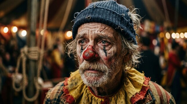 clown makeup man, senior male face, sad facial expression, theatrical greasepaint art, white face makeup, red nose detail, worn clown costume, emotional portrait photography, senior man eyes, dramatic