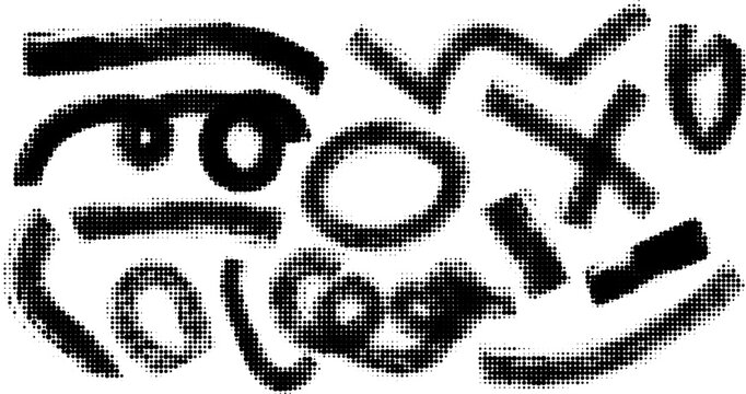 Grunge paint stripes and brayer print effects with merged black lines.
Thick rectangular callout stamps and chalk-style text boxes.