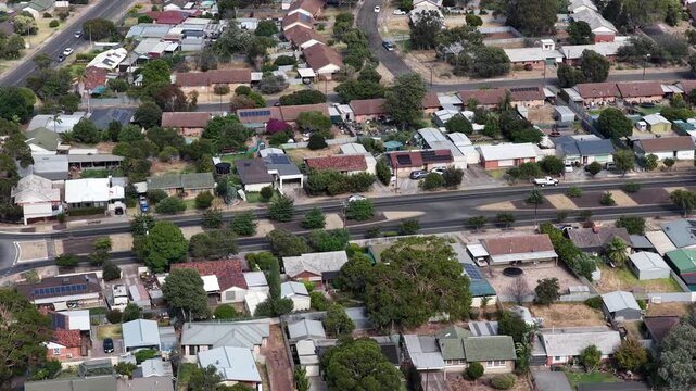 Hackham West, South Adelaide, South Australia: 4K aerial footage of residential suburb, houses, estates, streets, highways, traffic, urban infrastructure, near Noarlunga, Morphett Vale, Christie Downs
