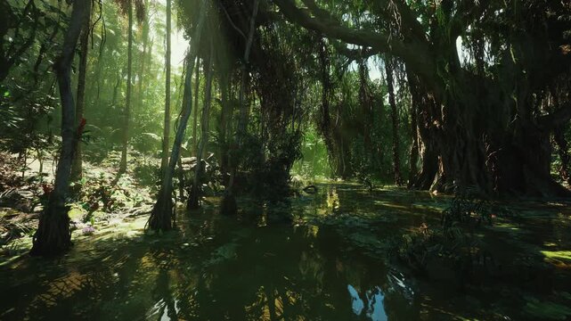 misty cypress refuge at daybreak with soft glassy water and hovering vapor, pale green palette, quiet hush, algae mats and subtle light creating restorative,