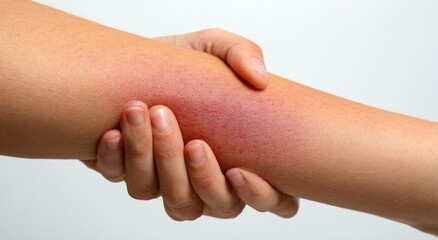 Fototapeta premium Swollen, red arm held by another person's hands against a white background