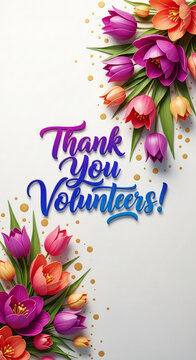 Image of colorful tulips and golden dots, with text Thank You Volunteers, symbolizing gratitude and appreciation, on bright background