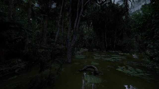 moonlit swamp clearing for night trek, shallow pool reflecting starless sky, tangled roots and pads under faint light, quiet anticipation and exploratory mood