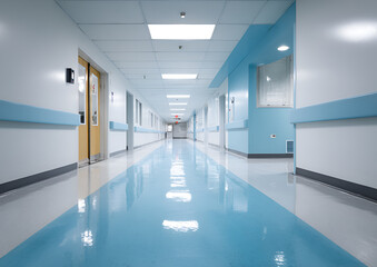 Fototapeta premium Long, perspective view of a hospital corridor, with shiny floor and blue accents. Doors and windows line the walls, disappearing toward the end