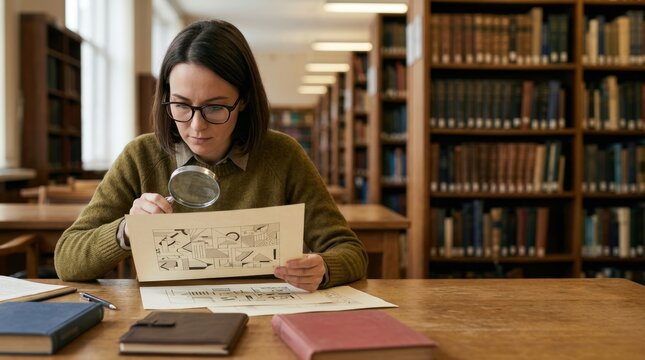 Academic Researcher at Library Table Inspecting Anonymous Print