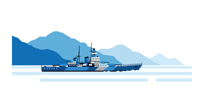A stylized blue and grey battleship sails across calm waters with layered blue mountains in the background.