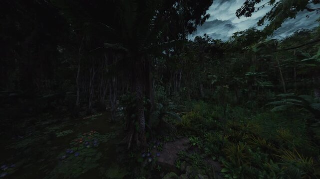dense canopy approach with narrow earthen path and low light filtering through branches, wet ground and shadow pockets creating moody texture suggests stealthy