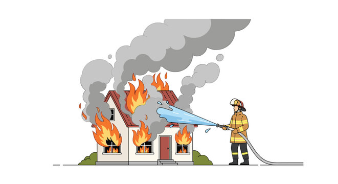 A single firefighter sprays water from a hose onto a two-story house engulfed in orange flames and dark grey smoke.