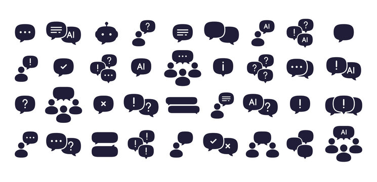 Modern AI chatbot and speech bubble icon set, flat people communication symbols, artificial intelligence message and dialogue collection, silhouette chat bubbles for UI UX design