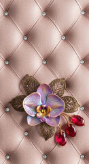 Fototapeta premium Quilted pink texture with jewel buttons. Orchid, leaves and ruby gems, represent luxury and elegance, suitable for a high-end fashion backdrop